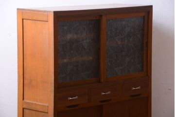 レトロ家具　昭和レトロ　デザインガラス戸!古い木のアンティーク食器棚