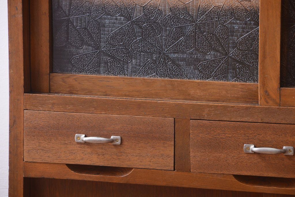 レトロ家具　昭和レトロ　デザインガラス戸!古い木のアンティーク食器棚