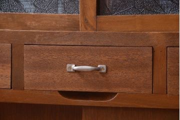 レトロ家具　昭和レトロ　デザインガラス戸!古い木のアンティーク食器棚