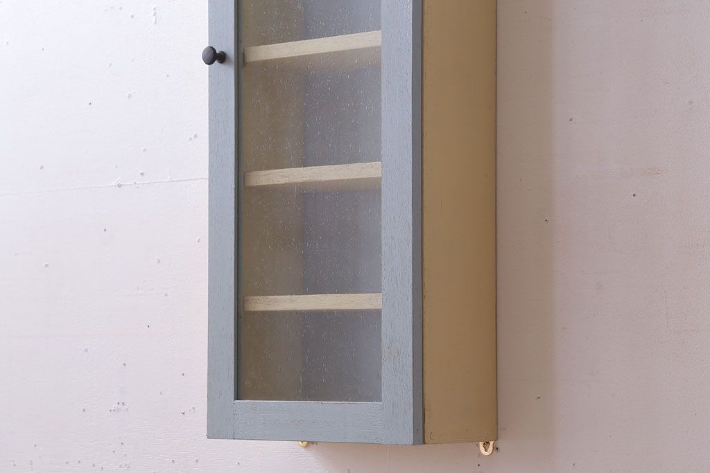 アンティーク家具　アンティークペイント　気泡ガラス扉!お洒落な縦型壁掛け戸棚(1)