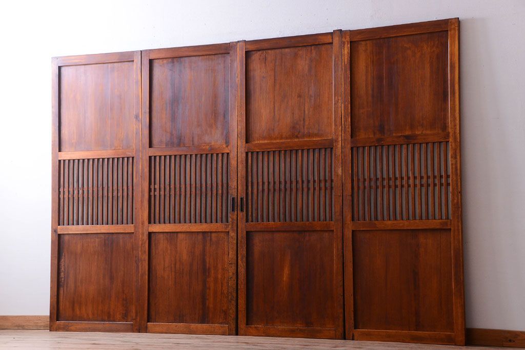 古民具・骨董　大正期　裏ガラス入り!古い格子ガラス帯戸4枚セット