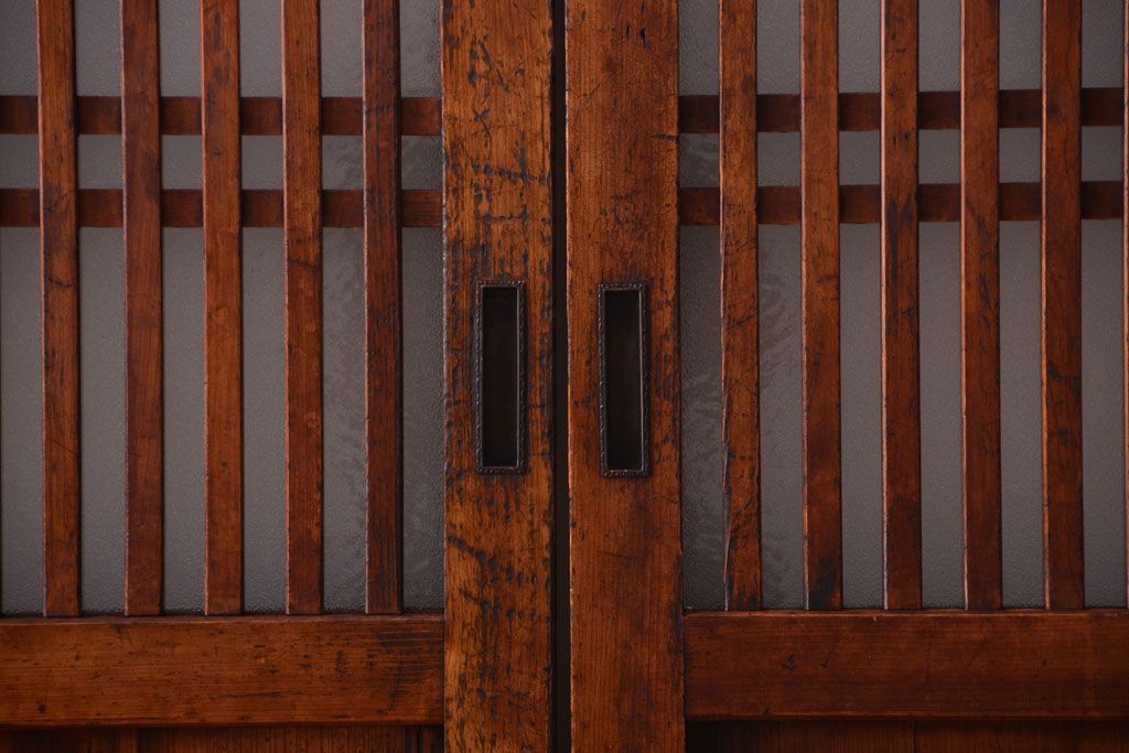 古民具・骨董　大正期　裏ガラス入り!古い格子ガラス帯戸4枚セット