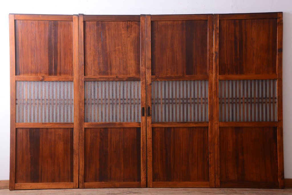 古民具・骨董　大正期　裏ガラス入り!古い格子ガラス帯戸4枚セット