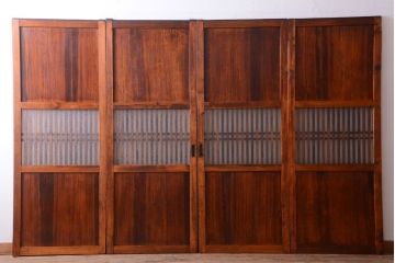 古民具・骨董　大正期　裏ガラス入り!古い格子ガラス帯戸4枚セット