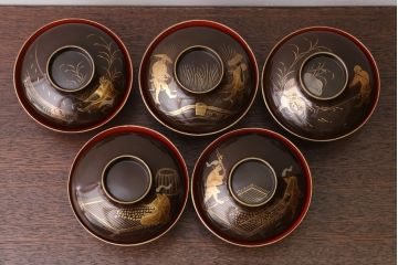 古民具・骨董　図変わり蒔絵の木製椀5客セット(漆器)