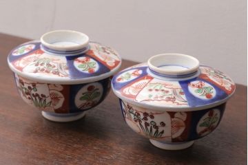 アンティーク雑貨　アンティーク　大正〜昭和初期　色絵茶碗2客セット