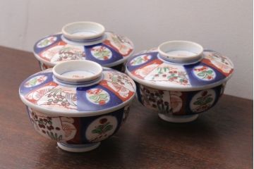 アンティーク雑貨　アンティーク　大正〜昭和初期　色絵茶碗3客セット