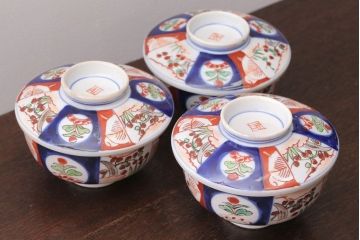 アンティーク雑貨　アンティーク　大正〜昭和初期　色絵茶碗3客セット