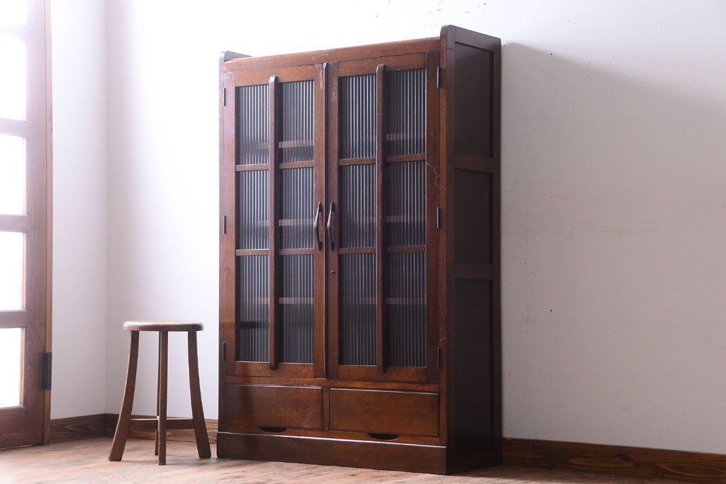 アンティーク家具　和製アンティーク　モールガラス入り!古い木の本箱