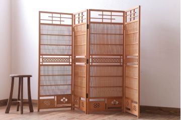 アンティーク雑貨　古民具・骨董　古い木味の四連屏風衝立て(パーテーション)(2)