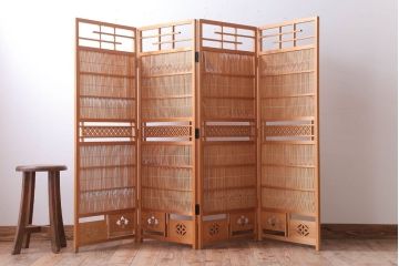 アンティーク雑貨　古民具・骨董　古い木味の四連屏風衝立て(パーテーション)(2)