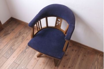アンティーク家具　和製アンティーク　透かし彫り　オリジナル座面のナラ材製回転椅子(回転イス)