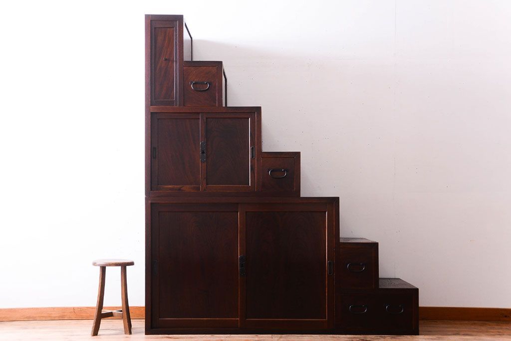 アンティーク家具　古民具・骨董　最高級品　明治期　三方欅材のアンティーク階段箪笥