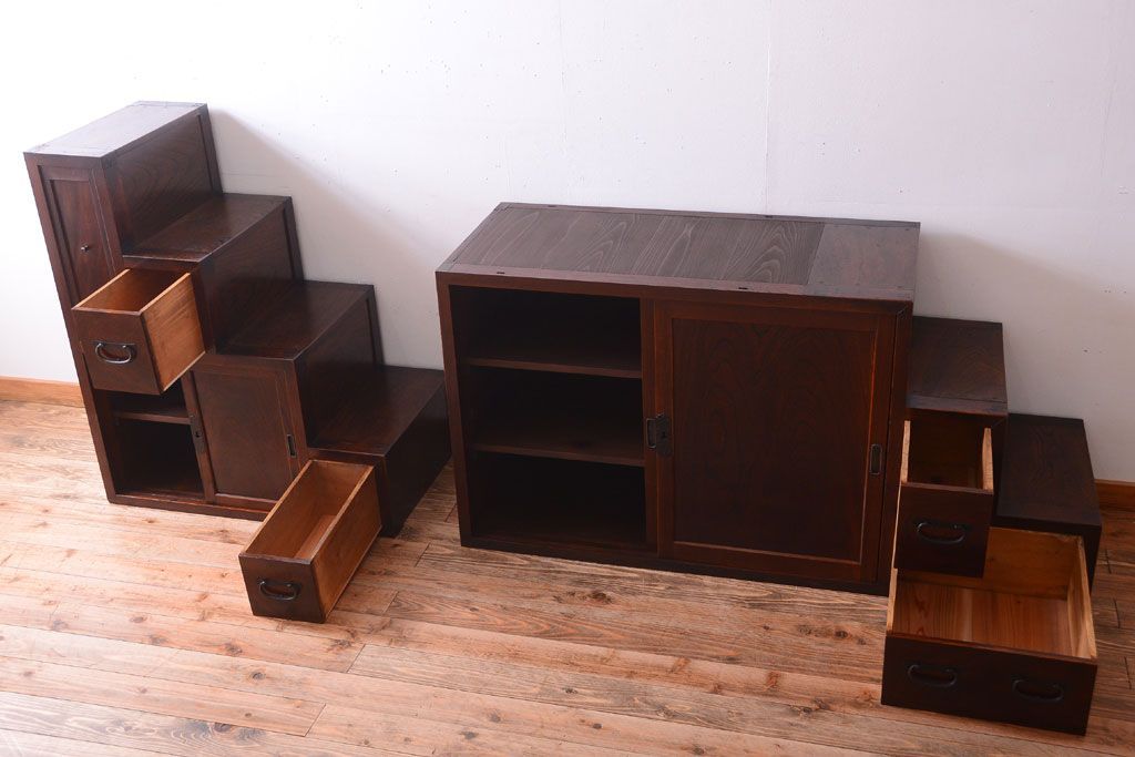 アンティーク家具　古民具・骨董　最高級品　明治期　三方欅材のアンティーク階段箪笥