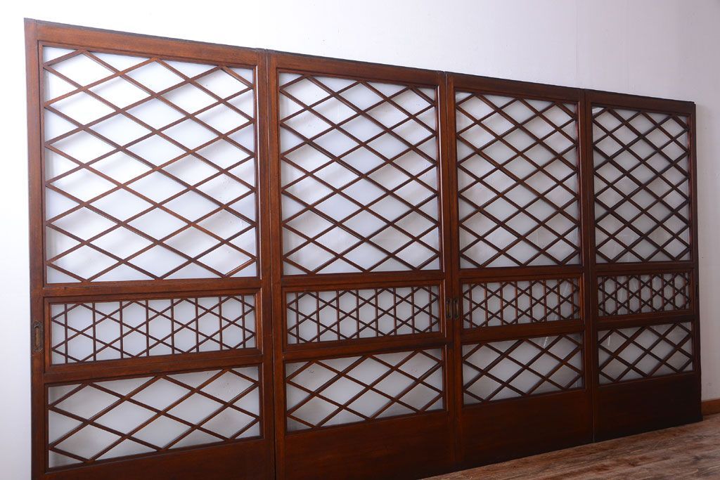 和製アンティーク　菱組子が素晴らしいガラス戸4枚セット