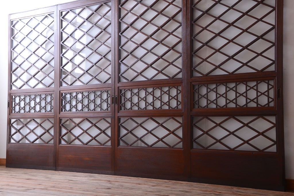 和製アンティーク　菱組子が素晴らしいガラス戸4枚セット