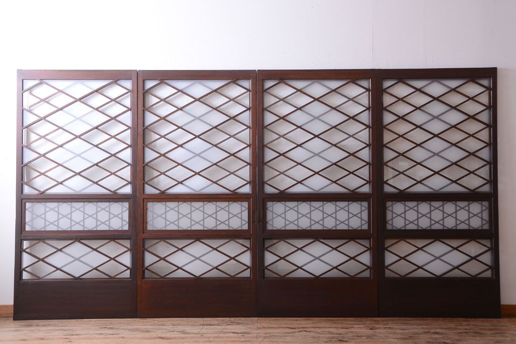 和製アンティーク　菱組子が素晴らしいガラス戸4枚セット