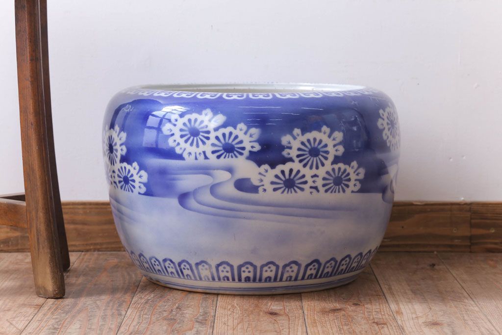 アンティーク雑貨　古民具・骨董　大正〜昭和初期　染付アンティーク瀬戸火鉢(2)