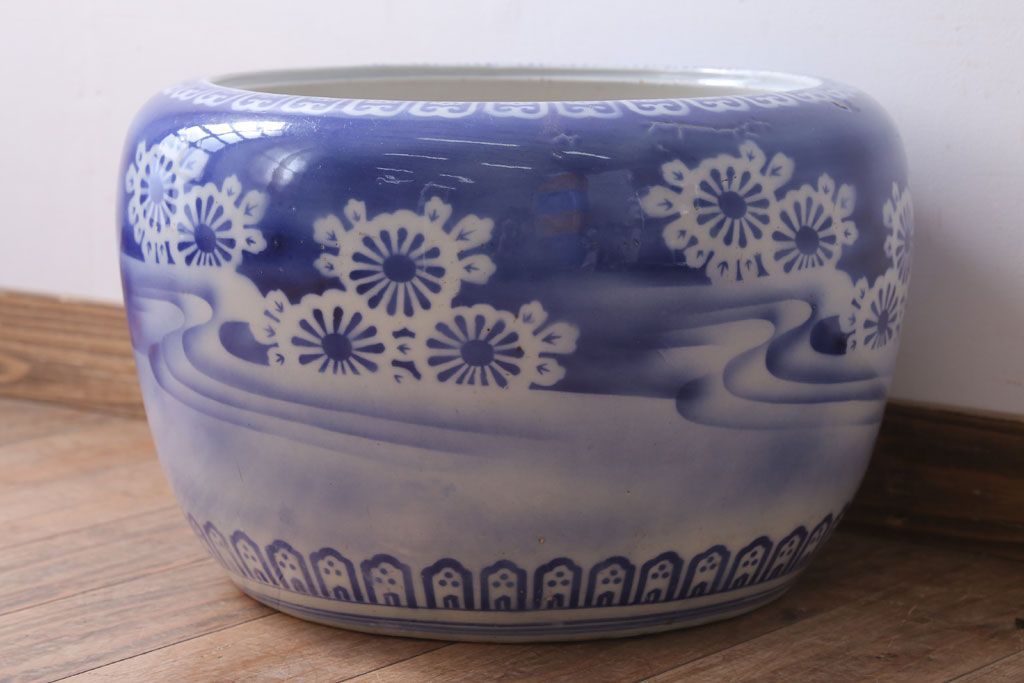 アンティーク雑貨　古民具・骨董　大正〜昭和初期　染付アンティーク瀬戸火鉢(2)