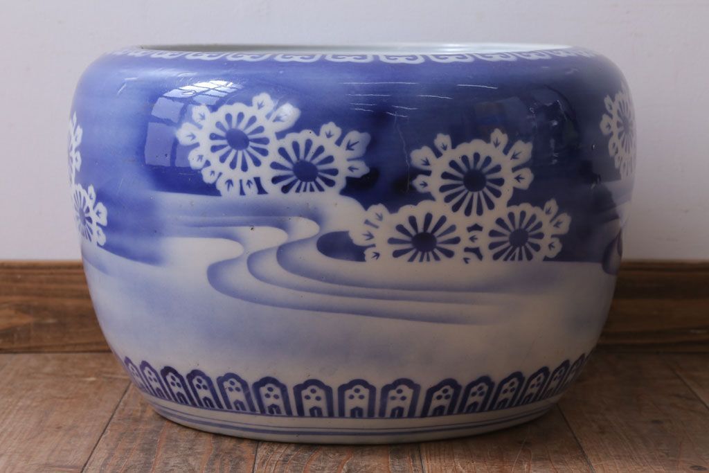 アンティーク雑貨　古民具・骨董　大正〜昭和初期　染付アンティーク瀬戸火鉢(2)