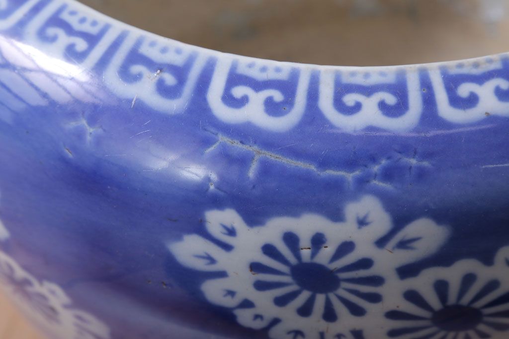 アンティーク雑貨　古民具・骨董　大正〜昭和初期　染付アンティーク瀬戸火鉢(2)