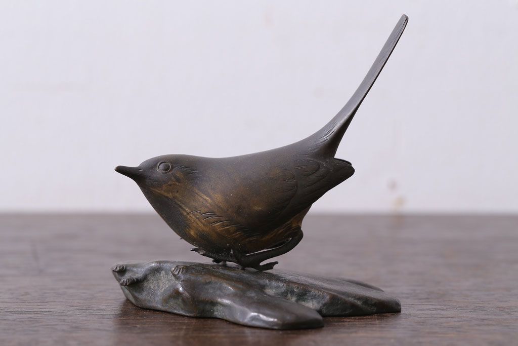 アンティーク雑貨　金工師　岩瀬清鳳造　「鶯」　鋳銅　置物　共箱