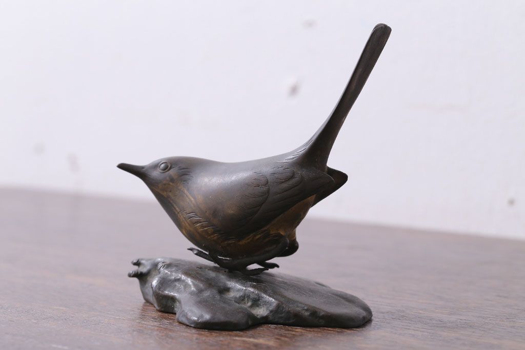 アンティーク雑貨　金工師　岩瀬清鳳造　「鶯」　鋳銅　置物　共箱