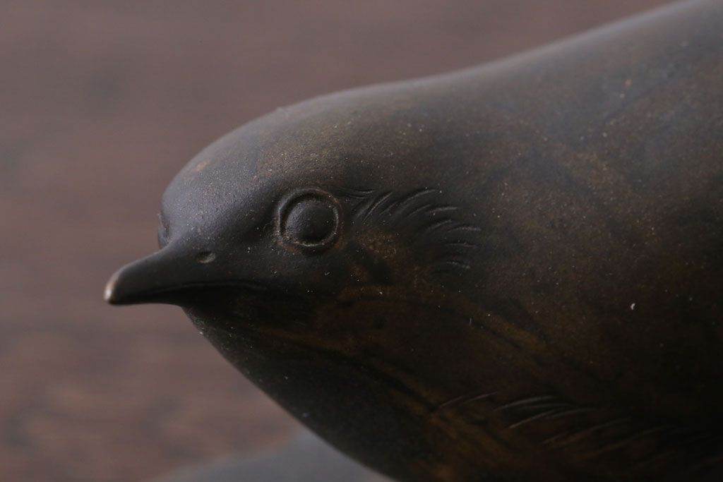 アンティーク雑貨　金工師　岩瀬清鳳造　「鶯」　鋳銅　置物　共箱
