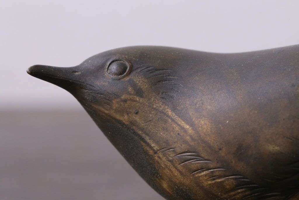 アンティーク雑貨　金工師　岩瀬清鳳造　「鶯」　鋳銅　置物　共箱