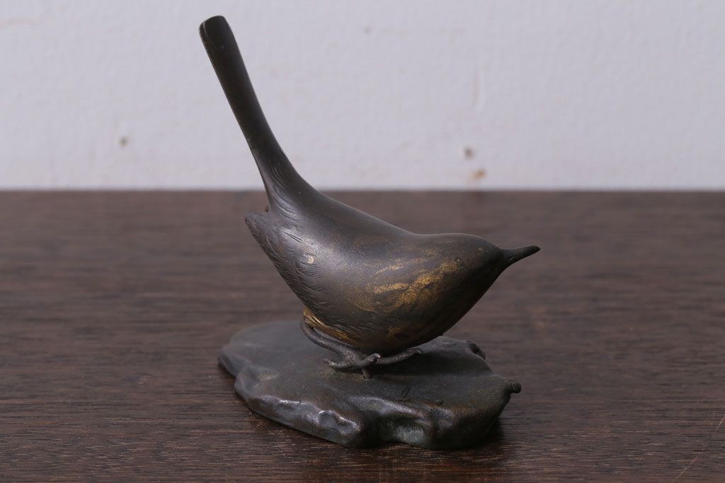アンティーク雑貨　金工師　岩瀬清鳳造　「鶯」　鋳銅　置物　共箱