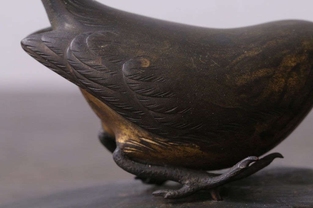 アンティーク雑貨　金工師　岩瀬清鳳造　「鶯」　鋳銅　置物　共箱