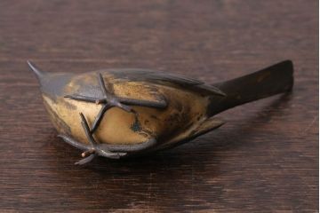 アンティーク雑貨　金工師　岩瀬清鳳造　「鶯」　鋳銅　置物　共箱