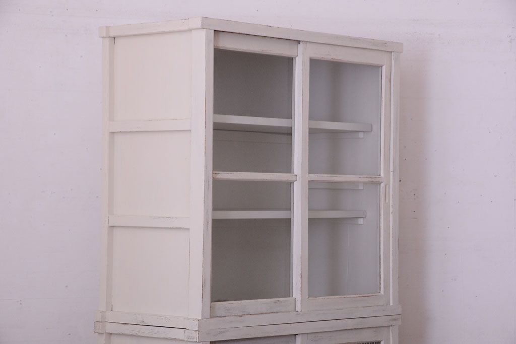 アンティーク家具　アンティークペイント　モールガラス入り!重ね収納棚(食器棚)