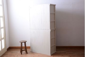 アンティーク家具　アンティークペイント　モールガラス入り!重ね収納棚(食器棚)