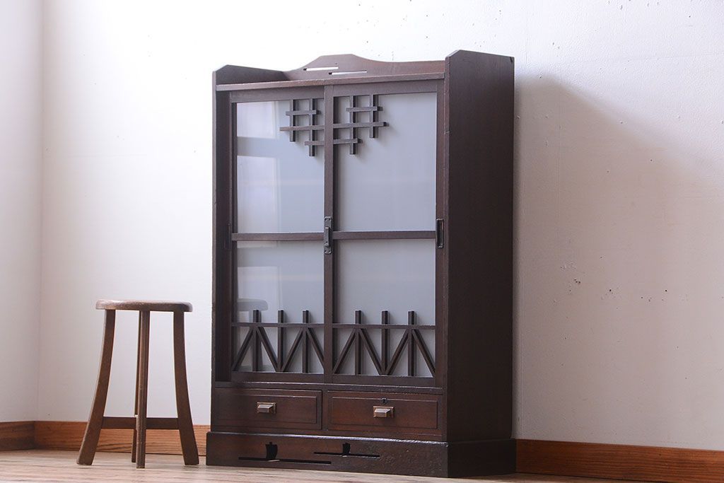 アンティーク家具　和製アンティーク　大正〜昭和期　すりガラス引き戸の本箱