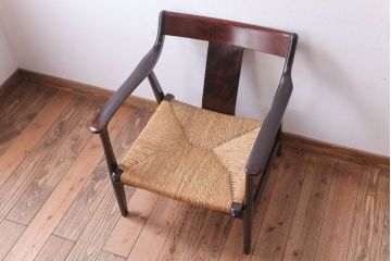 中古　松本民芸家具　77型　曲肘　ラッシ座面アームチェア