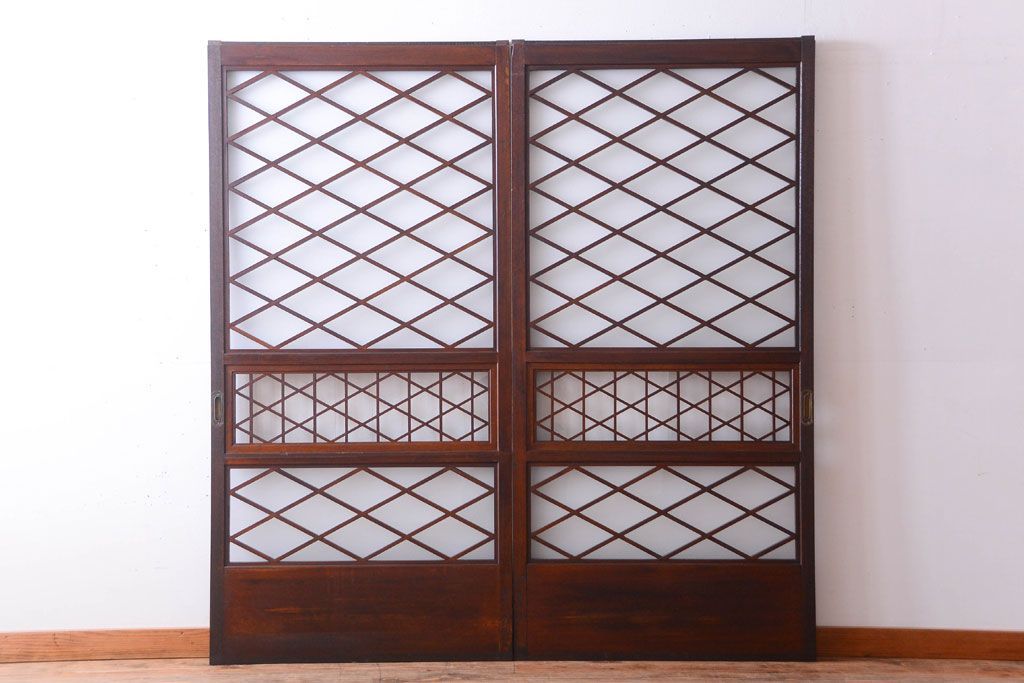 和製アンティーク　菱組子が素晴らしいガラス戸2枚セット