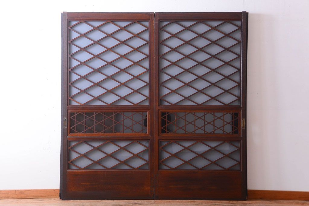 和製アンティーク　菱組子が素晴らしいガラス戸2枚セット