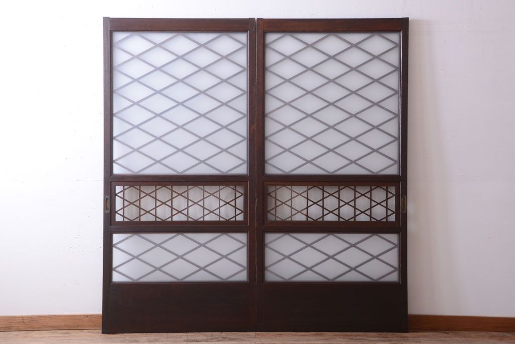 和製アンティーク　菱組子が素晴らしいガラス戸2枚セット