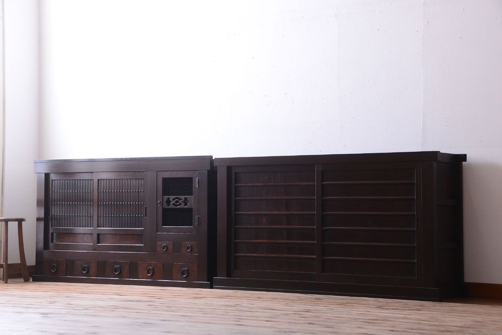 アンティーク家具　古民具・骨董　明治期　横桟引き戸付き!古い五尺水屋箪笥