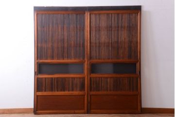 古民具・骨董　裏ガラス入り!腰板欅材のモールガラス帯格子戸2枚セット(2)