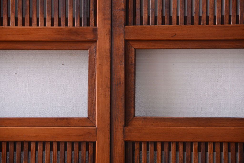 古民具・骨董　裏ガラス入り!腰板欅材のモールガラス帯格子戸2枚セット(2)