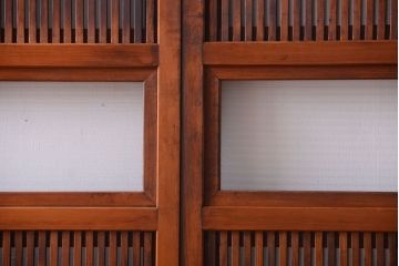 古民具・骨董　裏ガラス入り!腰板欅材のモールガラス帯格子戸2枚セット(2)