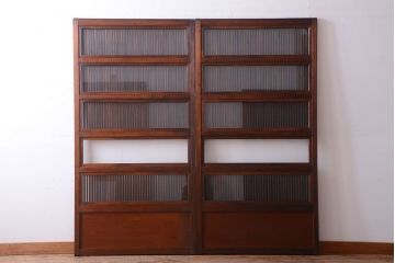 古民具・骨董　裏ガラス入り!腰板欅材のモールガラス帯格子戸2枚セット(2)