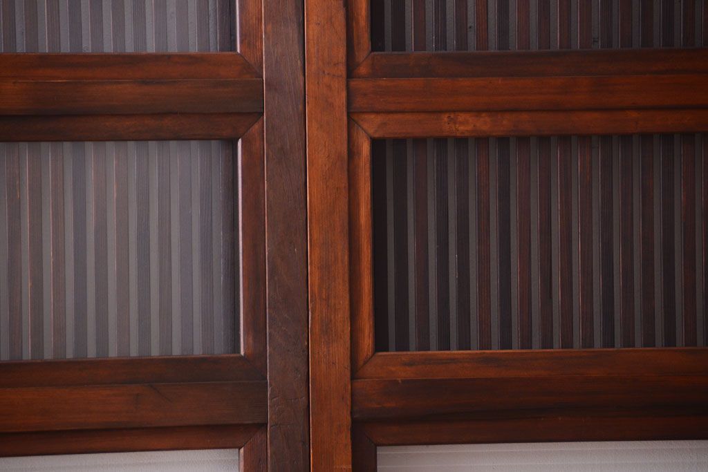 古民具・骨董　裏ガラス入り!腰板欅材のモールガラス帯格子戸2枚セット(2)