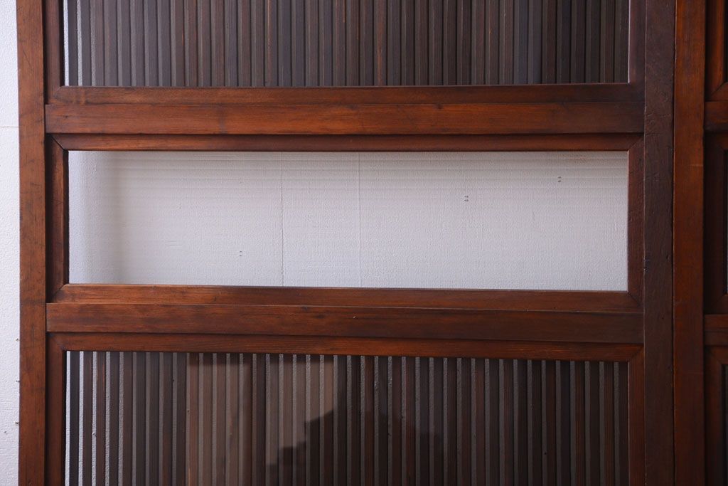 古民具・骨董　裏ガラス入り!腰板欅材のモールガラス帯格子戸2枚セット(2)