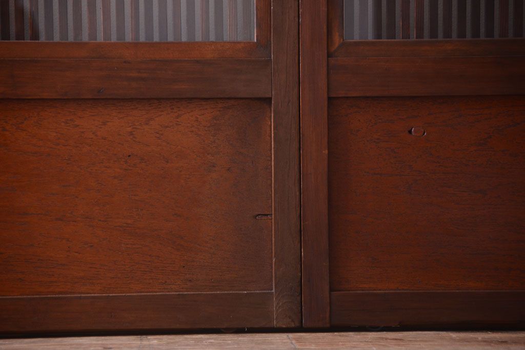 古民具・骨董　裏ガラス入り!腰板欅材のモールガラス帯格子戸2枚セット(2)