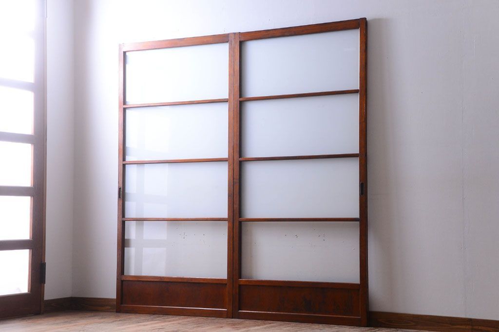 昭和レトロ　すりガラスとクリアガラスの引き戸2枚セット