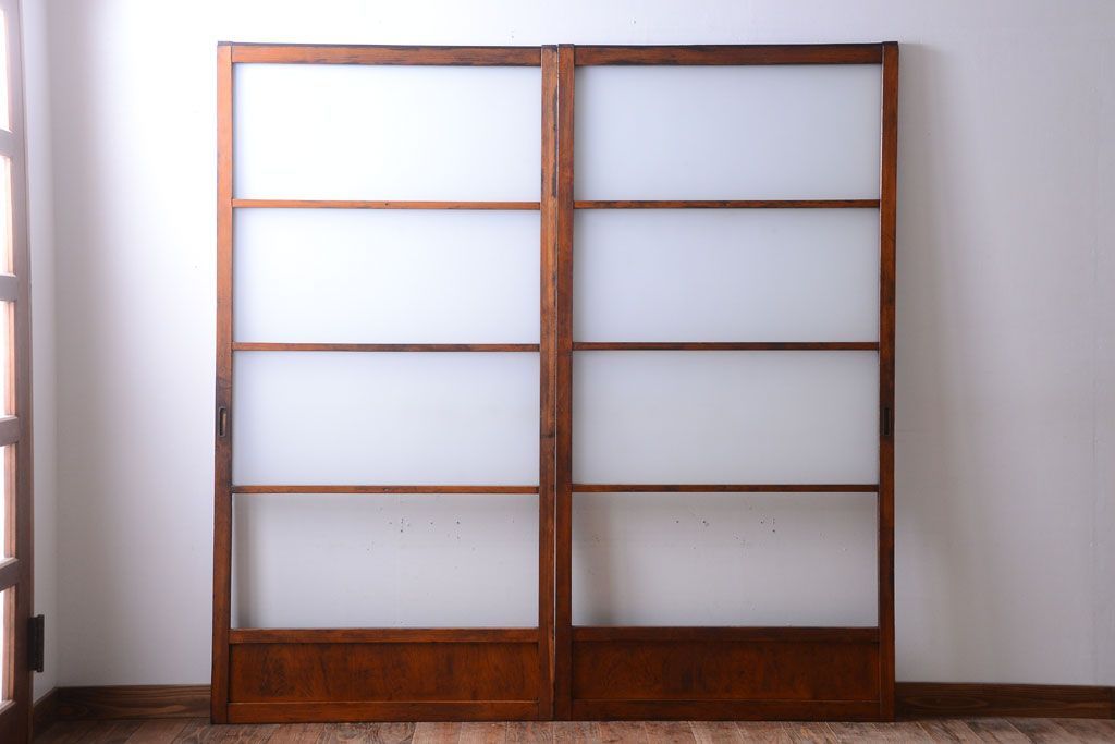 昭和レトロ　すりガラスとクリアガラスの引き戸2枚セット