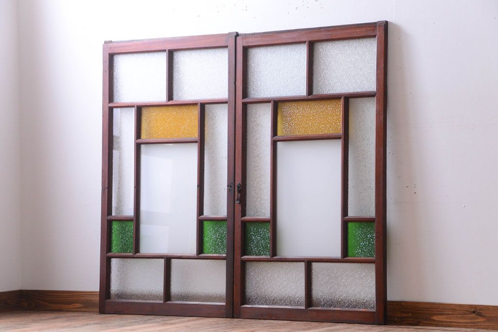 大正ロマン　当時物色ガラス入り!アンティークガラス戸2枚セット(窓)(1)